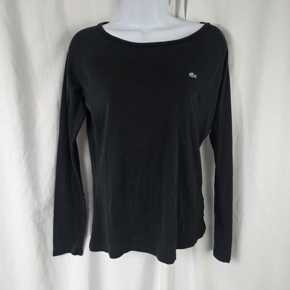 Lacoste Shirt Womens 46 Black Boat Neck Long Sleeve Embroidered Logo Top